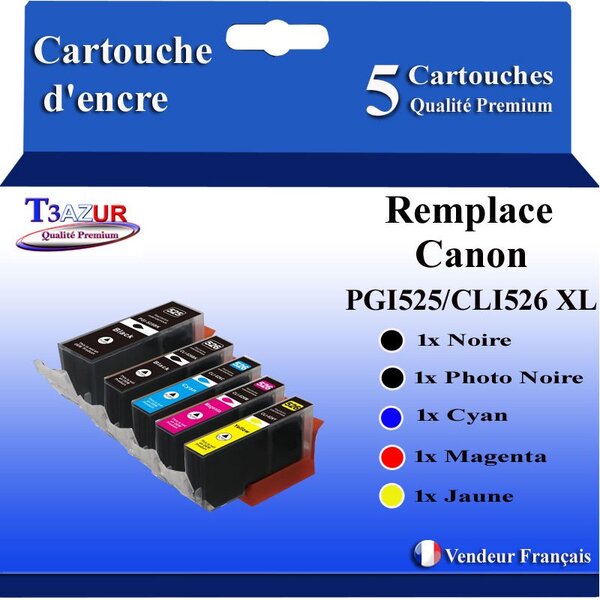T3AZUR - 5x Cartouches compatibles avec Canon PGI525 CLI-525 XL pour Canon Pixma IP4850 IP4950 IX6550 MG5140 MG5150 MG5240 MG5250 MG5340 MG5350 MX715 MX885 MX895