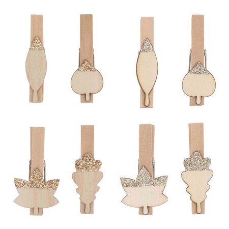 16 pinces double-clip en bois feuilles or-argent