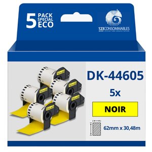 Pack de 5 Rouleaux Étiquettes amovibles compatible BROTHER DK-44605 - Largeur 62 mm x 30 48 m - Texte noir sur fond jaune
