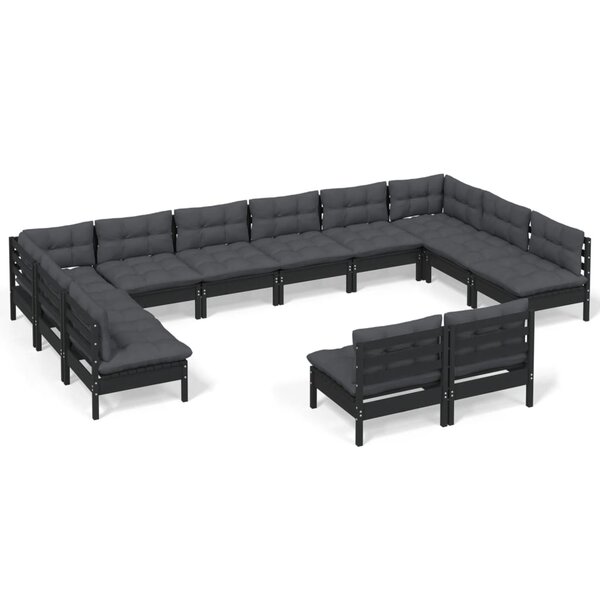 vidaXL Salon de jardin 12 Pièces avec coussins Noir Bois de pin solide