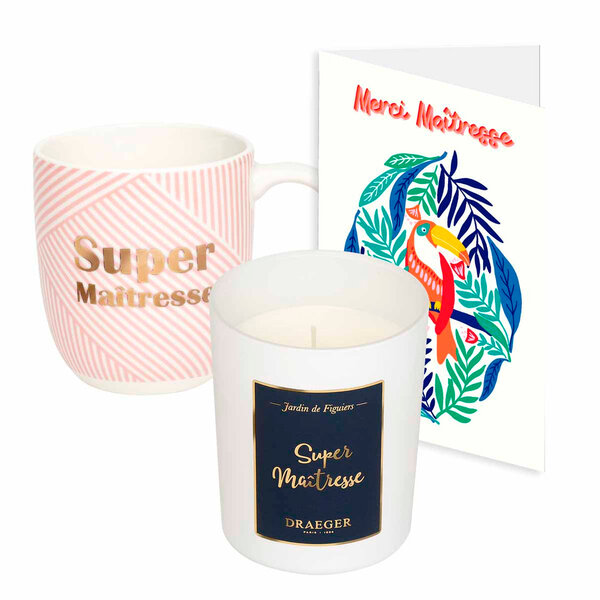 Lot cadeau Bougie Mug Super maîtresse & carte Merci Maîtresse