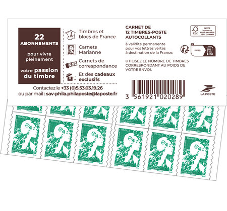 Carnet 12 timbres Marianne de l'avenir - Lettre Verte - Couverture Abonnement 2024