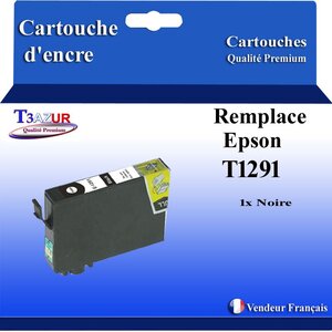 T3AZUR- Cartouche Compatible avec Epson T1291 remplace Epson Stylus SX235W SX525WD SX425W SX445W Stylus Office BX535WD WF3520 WF7515 WF7525 Noire