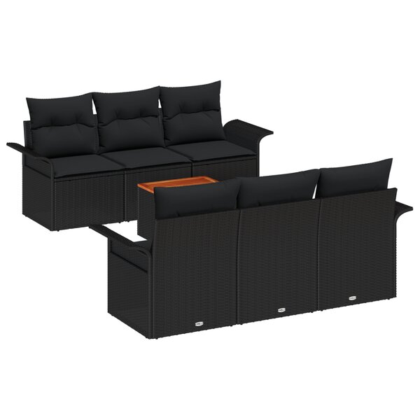 Ensemble de Canapé de Jardin 7 Pièces avec Coussins Noir Poly Rattan Acacia