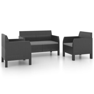 vidaXL Salon de jardin 3 Pièces avec coussins PP Rotin Anthracite