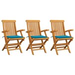 vidaXL Chaises de jardin avec coussins bleu 3 Pièces Bois de teck massif