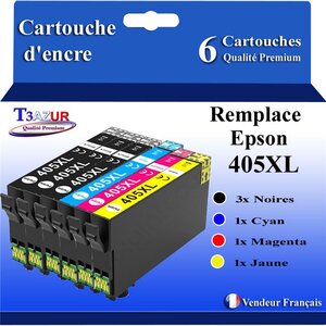 T3AZUR - 6 Cartouches compatibles avec Epson 405 405 XL pour Epson Workforce Pro WF-4800 WF-4820DWF WF-4825DWF WF-4830DTWf