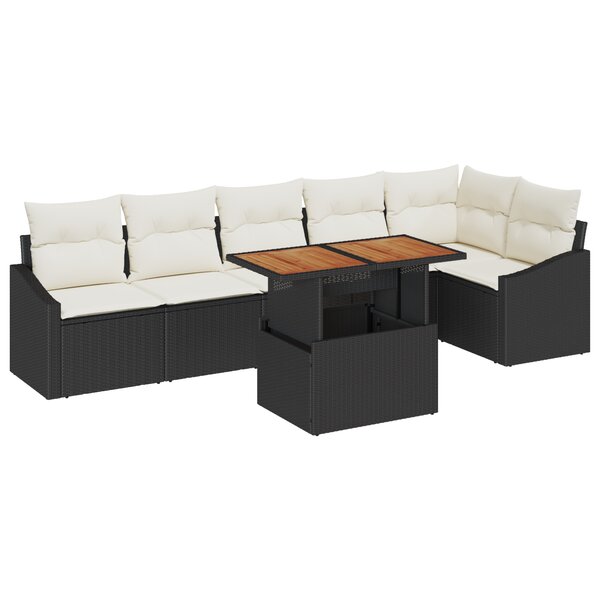vidaXL Ensemble de salle à manger de jardin 7 pièces avec coussins noir en poly rotin acacia