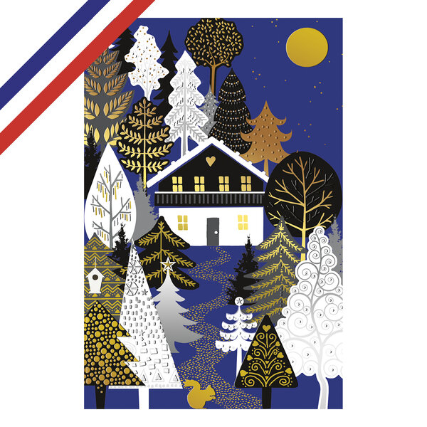 Carte double de vœux forêt et chalet