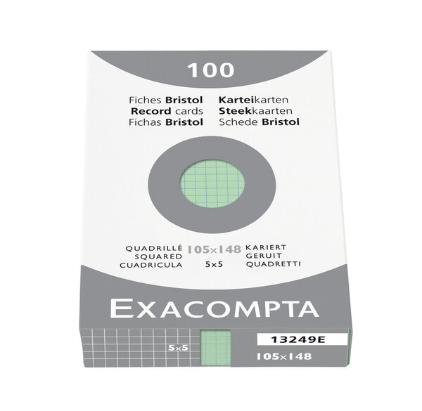 Etui de 100 Fiches Bristol non perforées 74 x105 mm Quadrillée 5X5 Vert EXACOMPTA