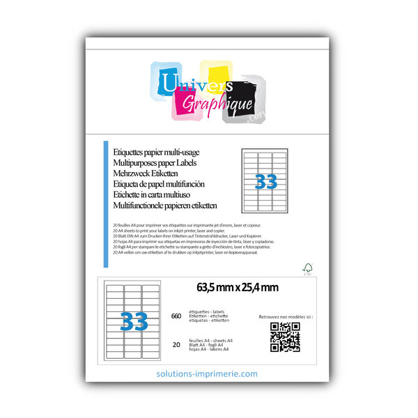 Lot de 20 planches a4 de 33 étiquettes à bords ronds 63 5 x 25 4 mm en papier blanc 70g/m² multifonction