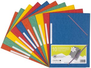 Pqt de 10 Chemises Carte Lustée 24 x 32 cm à rabats et élastiques et étiquette Assorties COUTAL