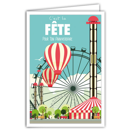 Carte Joyeux Anniversaire avec Enveloppe - Affichette Mini Posters Format 17x11 5cm - Fête Foraine Grande Roue Chapiteau Montgolfière Parc d'attraction Rétro Vintage