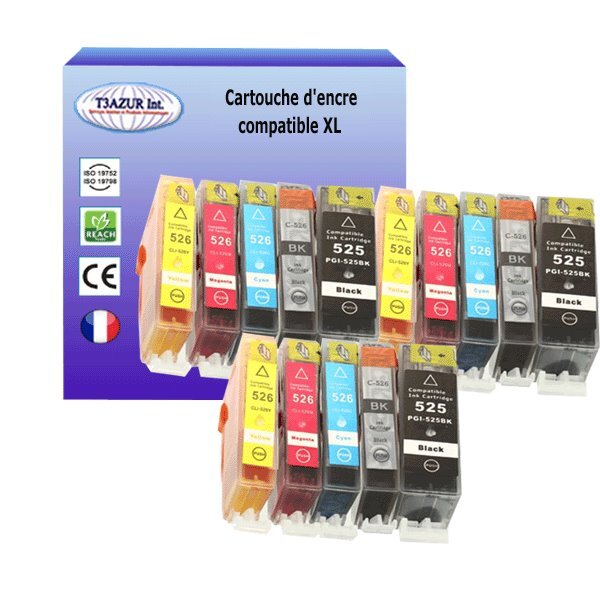 15 Cartouches compatibles avec Canon PGI-525 XL, CLI-526 XL (3Bk/3PBk/3C/3M/3Y) - T3AZUR