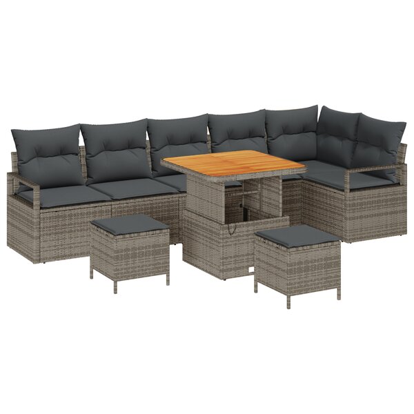Canapé de Jardin 9 Pièces avec Coussins Gris Poly Rotin Acacia