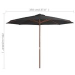 vidaXL Parasol avec mât en bois 350 cm Anthracite