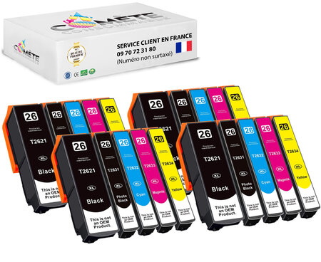 26xl - 20 cartouches 26 xl compatibles avec epson 26 xl ours polaire  t2621 t2631 t2632 t2633 t2634 - 8 noirs 4 cyan 4 magenta 4 jaune