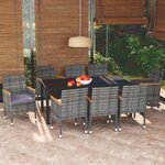 vidaXL Meubles à dîner de jardin et coussins 9 Pièces Poly rotin Gris