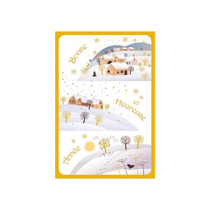 Carte De Voeux - Bonne Et Heureuse Année Village Enneigé Décor Brillant