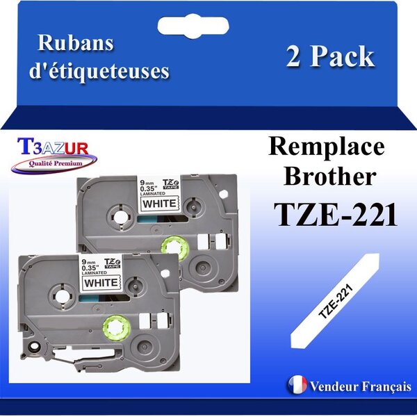 2x Rubans d'étiqueteuses compatibles avec Brother Tze221 Tze-221 pour étiqueteuses P-touch - Texte noir sur fond blanc - Largeur 9 mm x 8 mètres - T3AZUR