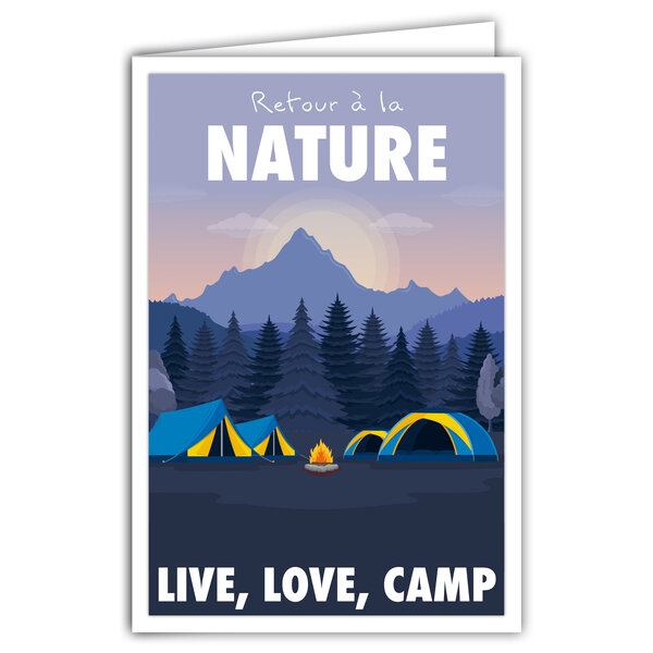 Carte Retour à la Nature Live Love Camp avec Enveloppe pour Campeurs Vacanciers Aventuriers Retraités Scouts - Affichette Mini Posters Format 17x11 5cm - Montagne Sapins Rétro Vintage