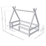 Lit Tipi enfant avec barrière bois massif gris 90 x 200 cm