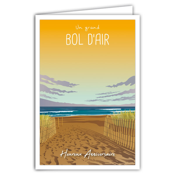 Carte Heureux Anniversaire avec Enveloppe - Mini Poster Format 17x11 5cm Style Rétro Vintage - Un grand bol d'air Mer Océan Sable Plage Dunes Ganivelles - Fabriquée en France
