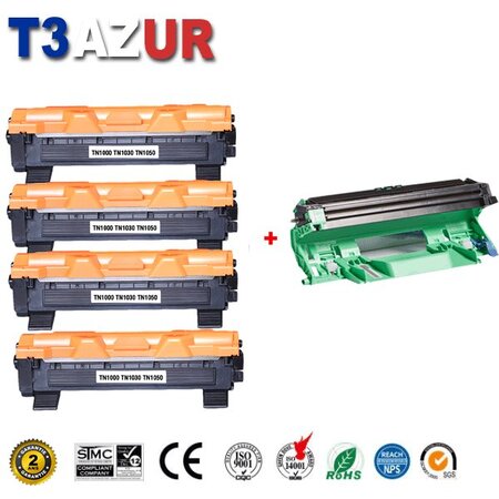 Kit Tambour+ 4 Toners compatibles avec Brother TN1050  DR1050 pour Brother HL1110  HL1112  HL1210W  HL1212W - T3AZUR