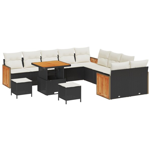 Set de canapé de jardin 13 pièces avec coussins noir poly rotin acacia