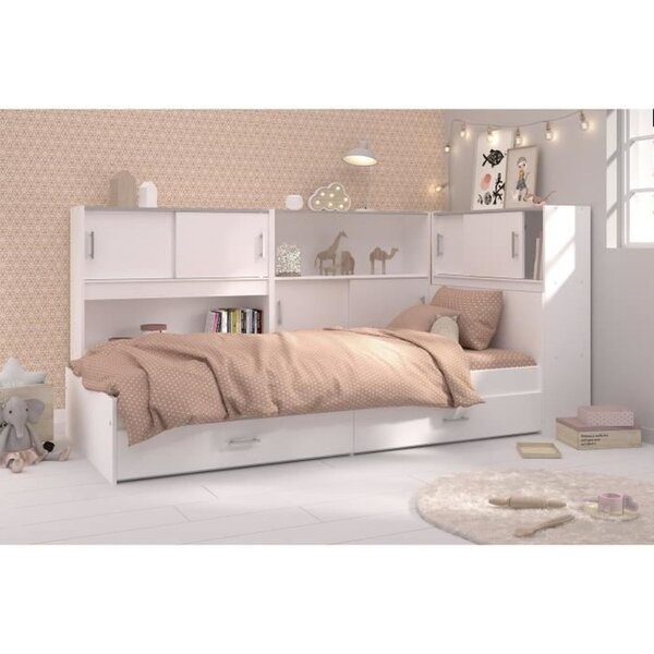 Lit enfant contemporain 90 x 200 cm avec 3 meubles de rangement - blanc