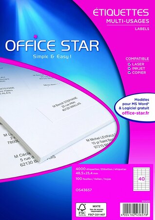 Boite de 4000 étiquettes multi-usage blanches 48.5x25,4mm office star