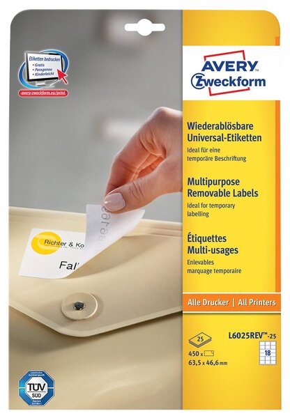 Bte 450 etiquettes stick+lift enlevable 63,5 x 46,6 mm blanc avery zweckform