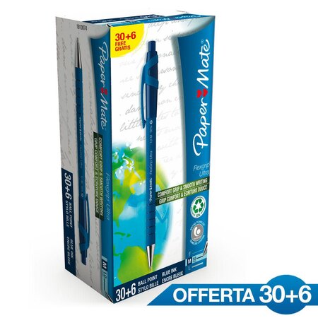 Flexgrip Ultra RT - Stylo bille rétractable pointe moyenne 1 mm - Bleu - Boîte de 30 + 6 OFFERTS (boîte 36 unités)