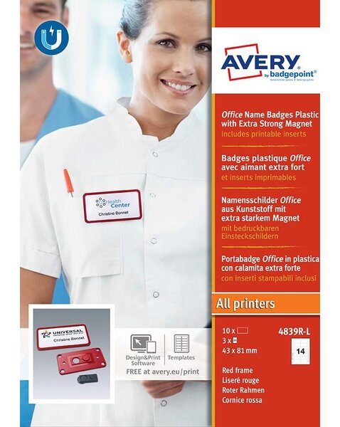 4839R-L - 10 badges Office rouges avec aimant « extra fort » – 37 x 75 mm AVERY