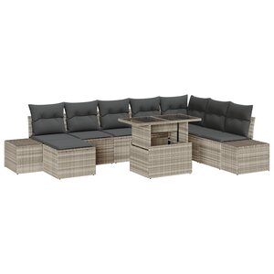 vidaXL Ensemble de salon de jardin 9 pièces avec coussins gris clair en poly rotin