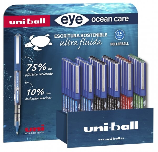 LOT de 36 Uni-ball Eye Ocean Care UB-150ROP Présentoir de 36 stylos à encre liquide – Pointe sphérique de 0 5 mm – Encre pigmentée résistante à l'eau et à la lumière – Système de contrôle de l'encre – Couleurs assorties