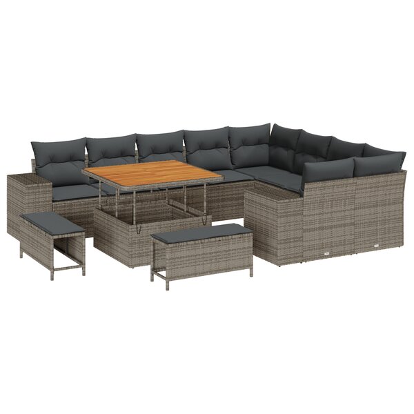 vidaXL Ensemble de Canapés de Jardin de 12 Pièces avec Coussins Gris Poly Rattan Acacia