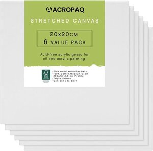 ACROPAQ lot 6 toiles à Peindre tendues avec châssis 20x20 cm- Surface en Coton de qualité supérieure 280 g/m²- FSC sans acide