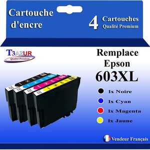 T3AZUR - 4x Cartouches Compatibles avec Epson 603 603XL pour Epson XP-2100 XP-2155 XP-3100 XP-4100 WF-2820 WF-2830 DWF WF-2870 WF-2835 WF-2850