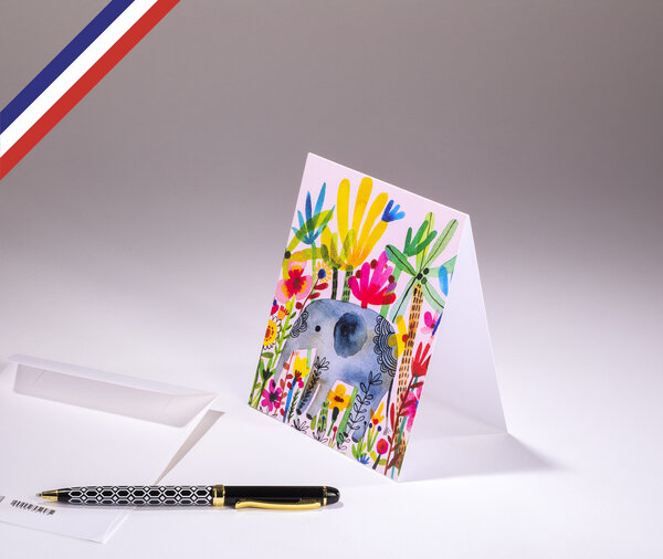 Carte double bouton d'or créée et imprimée en france - eléphant