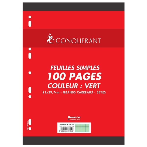 Feuillets mobiles A4 cm 100 pages 80g grands carreaux verts CONQUÉRANT