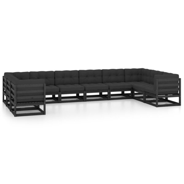 vidaXL Salon de jardin 10 Pièces avec coussins Noir Bois de pin massif