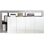 Buffet Maestro effet béton & laqué blanc brillant 4 portes - 184 x 42 x Hauteur 93 cm