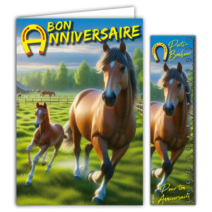 Carte Bon Anniversaire Chevaux Jument et Poulain Poneys avec Enveloppe 12x17 5cm Passion Cheval Sports équestres Dressage Cross-country Saut d'obstacles Courses hippiques - Fabriqué en France