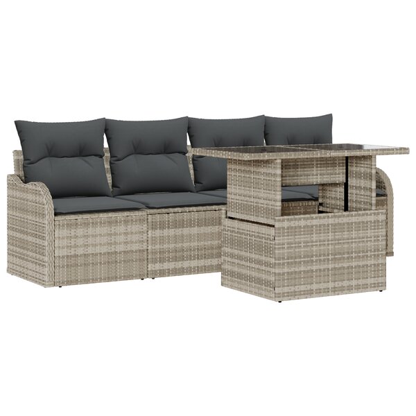 Ensemble de canapé de jardin de 5 pièces avec coussins gris clair en poly rotin