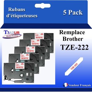 5x Rubans d'étiqueteuses compatibles avec Brother Tze222 Tze-222 pour étiqueteuses P-touch - Texte rouge sur fond blanc - Largeur 9 mm x 8 mètres - T3AZUR