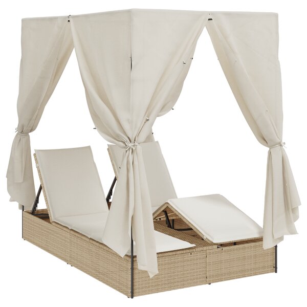 Transat double vidaXL avec toit et rideaux en polyrotin beige