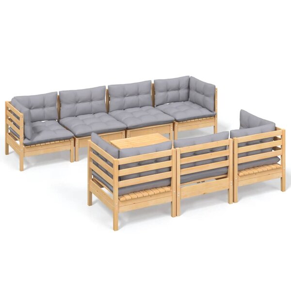 vidaXL Salon de jardin 8 Pièces avec coussins gris Bois de pin massif