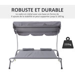 Bain de soleil 2 places lit de jardin design contemporain toit réglable 2 roulettes 2 oreillers acier époxy polyester gris