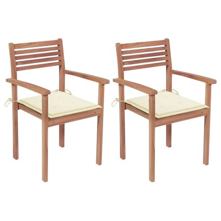 vidaXL Chaises de jardin lot de 2 et coussins crème Bois teck massif